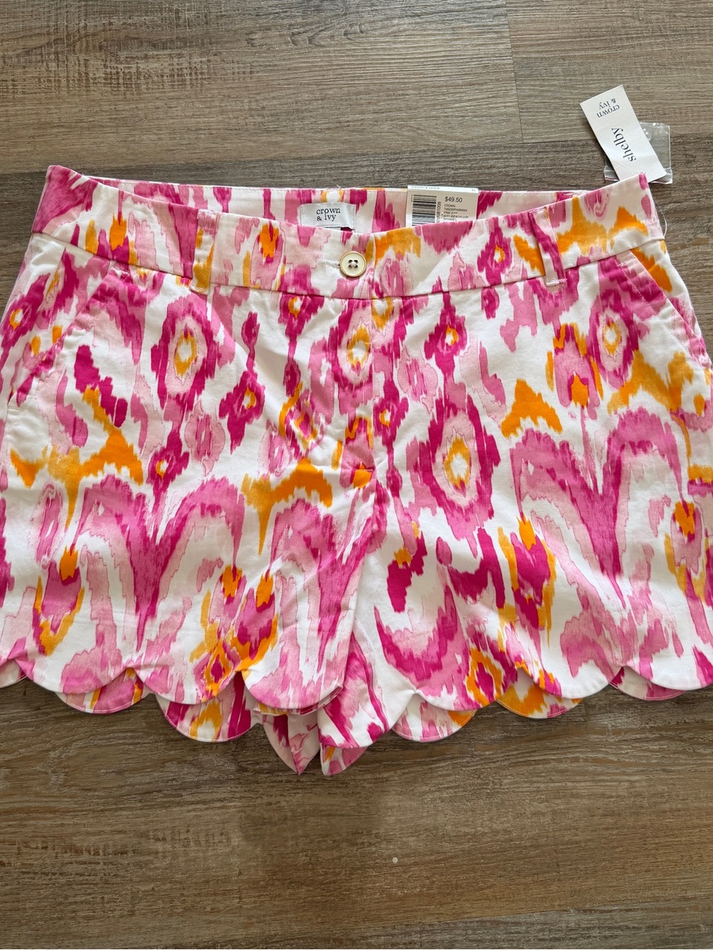 crown & ivy Pink and Orange Ikat Shelby Scallop Shorts 12 NWTS